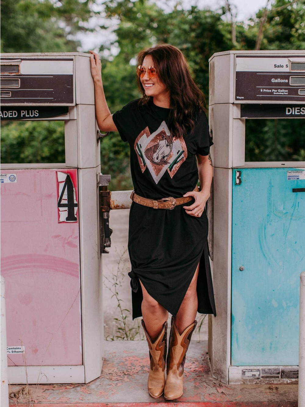 Black Graphic Tee Dress with Horse Motif